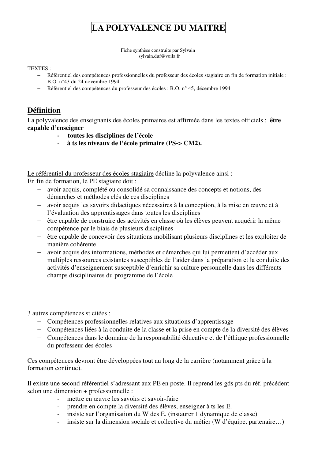 Prévisualisation du document LA POLYVALENCE DU MAITREFiche synthèse construite par Sylvainsylvain.