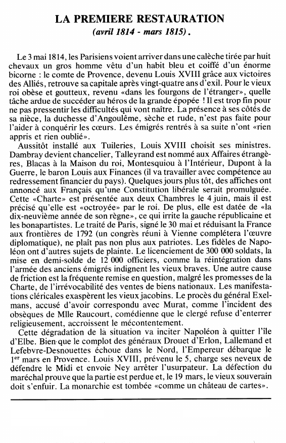 Prévisualisation du document LA PREMIERE RESTAURATION(avril 1814 - mars 1815) - Histoire.