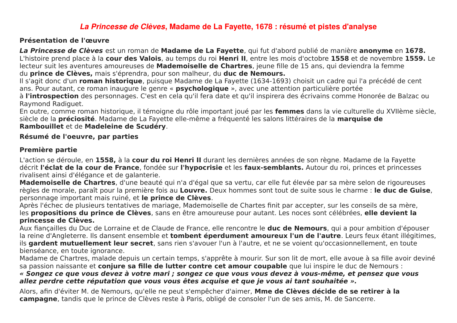Prévisualisation du document La Princesse de Clèves, Madame de La Fayette, 1678 : résumé et pistes d'analyse