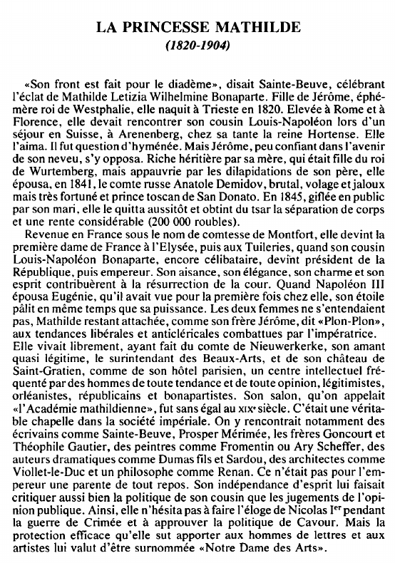 Prévisualisation du document LA PRINCESSE MATHILDE(1820-1904) - BIOGRAPHIE