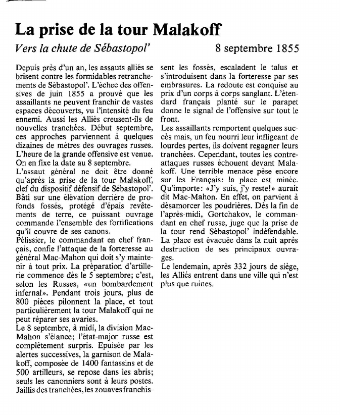 Prévisualisation du document La prise de la tour MalakoffVers la chute de Sébastopol.