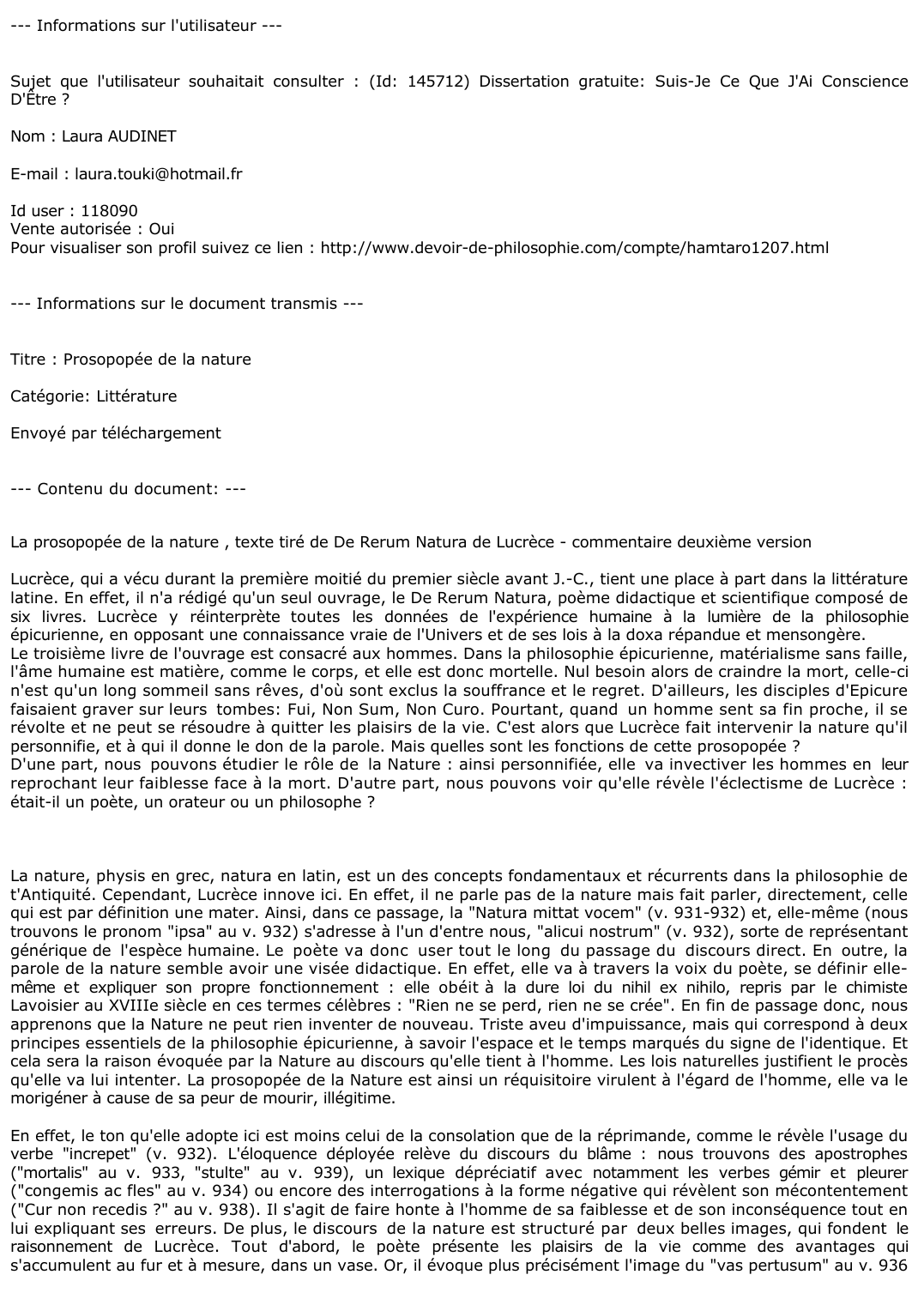 Prévisualisation du document La prosopopée de la nature , texte tiré de De Rerum Natura de Lucrèce - commentaire deuxième version