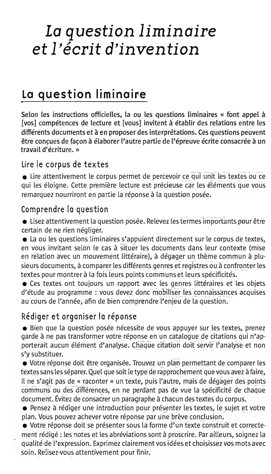 Prévisualisation du document La question liminaire
et l'écrit d'invention
La question liminaire
Selon les instructions officielles, la ou les questions liminaires « font...