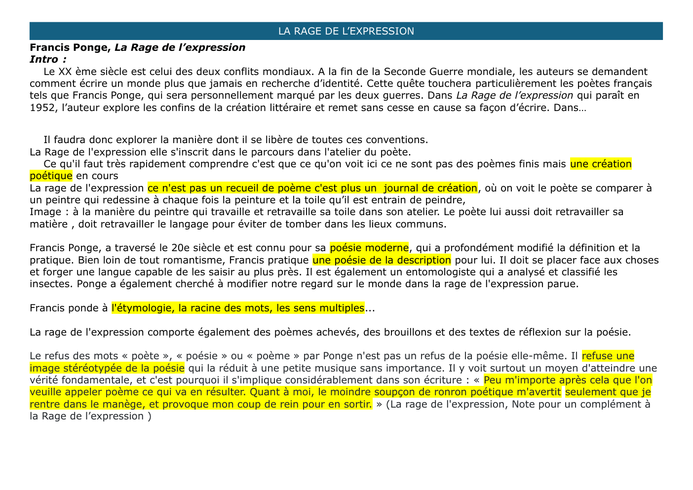 Prévisualisation du document LA RAGE DE L’EXPRESSION Francis Ponge, La Rage de l’expression
