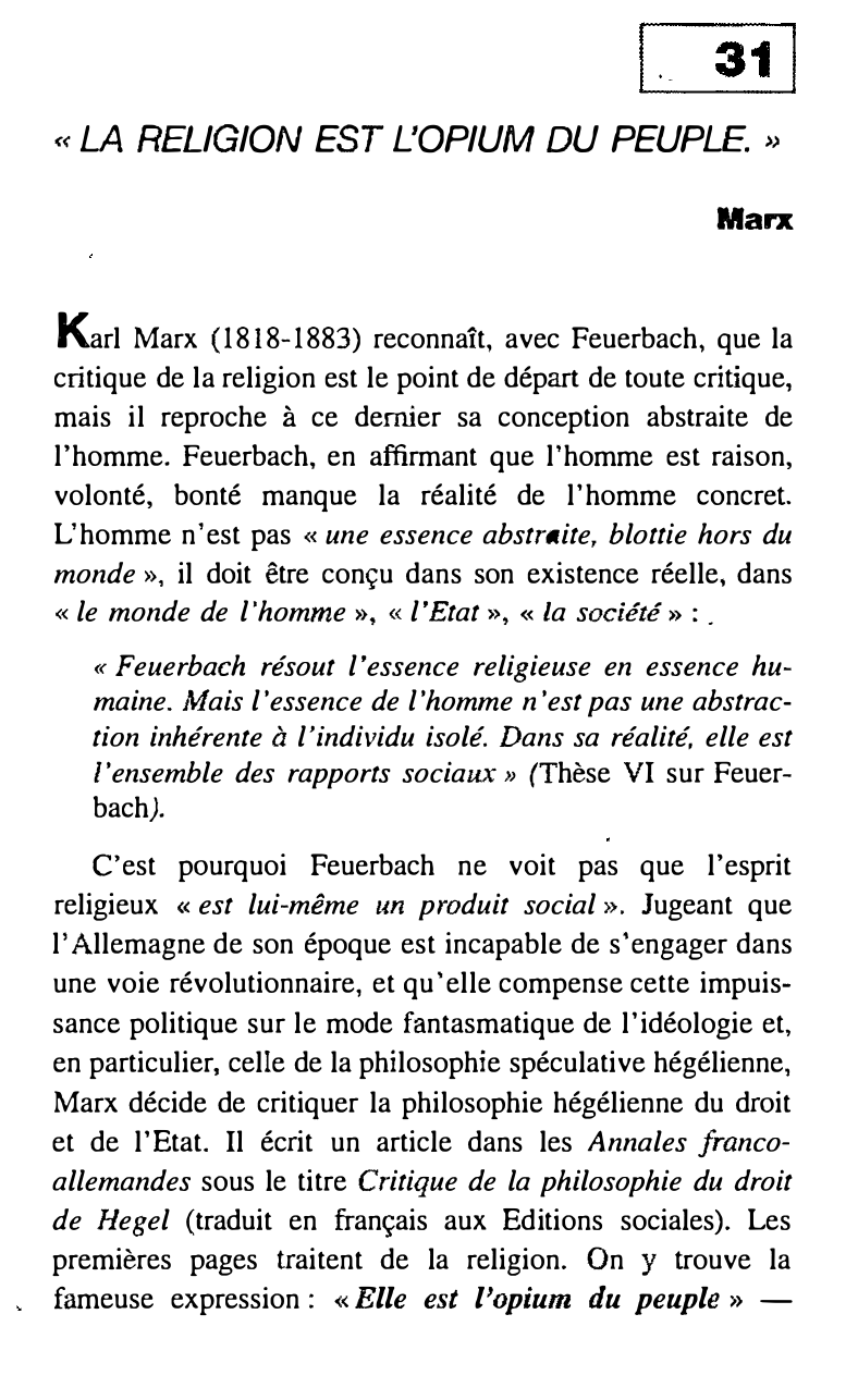 Prévisualisation du document « La religion est u l'opium du peuple. » Karl Marx, Pour une critique de la philosophie du droit de Hegel
