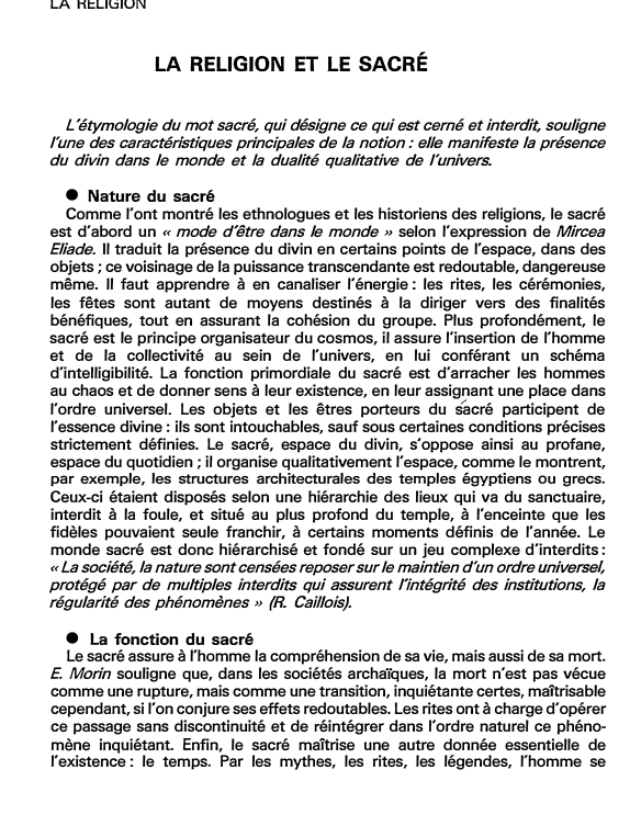 Prévisualisation du document LA RELIGION ET LE SACRÉ (fiche bac)