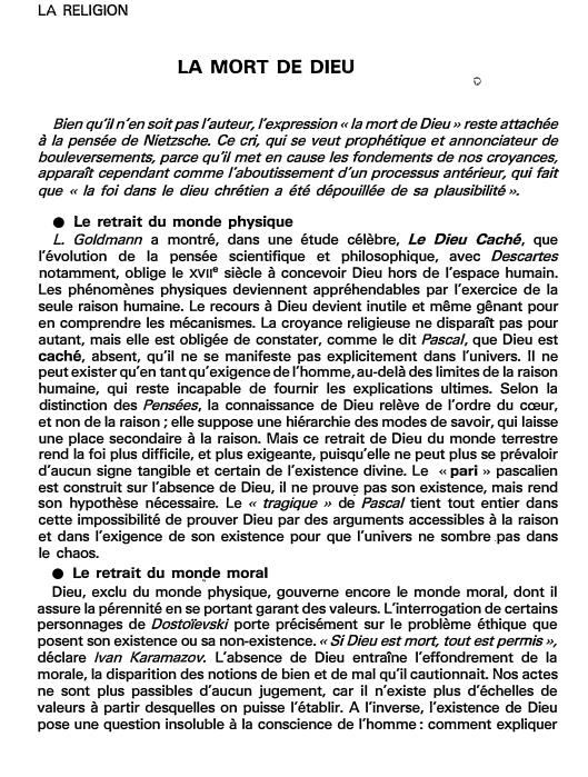 Prévisualisation du document LA RELIGION

LA MORT DE DIEU

Q

Bien qu'il n'en soit pas l'auteur, l'expression « la mort de Dieu» reste...