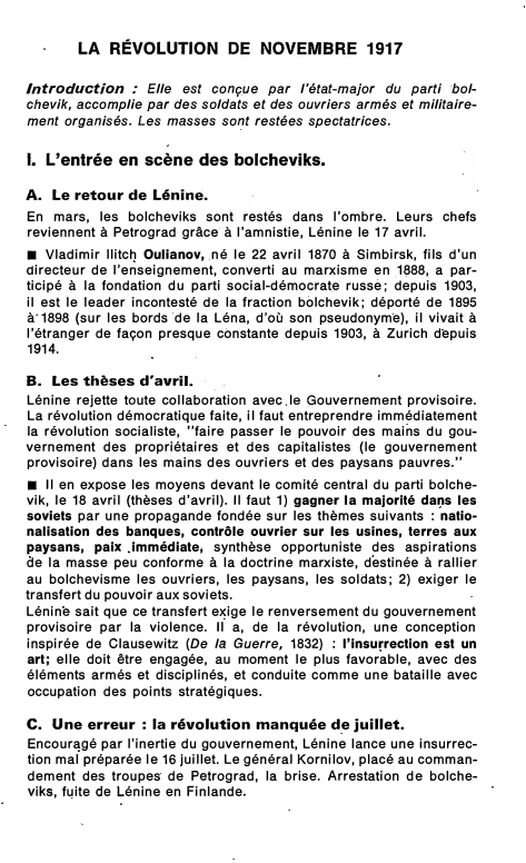 Prévisualisation du document LA RÉVOLUTION DE NOVEMBRE 1917
Introduction : Elle est conçue par l'état-major du parti bol­

chevik, accomplie par des soldats...
