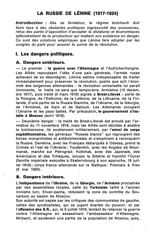 Prévisualisation du document LA RUSSIE DE LÉNINE (1917-1924)
Introduction : Dès sa

fondation, le régime bolchevik doit
faire face à des obstacles politiques...