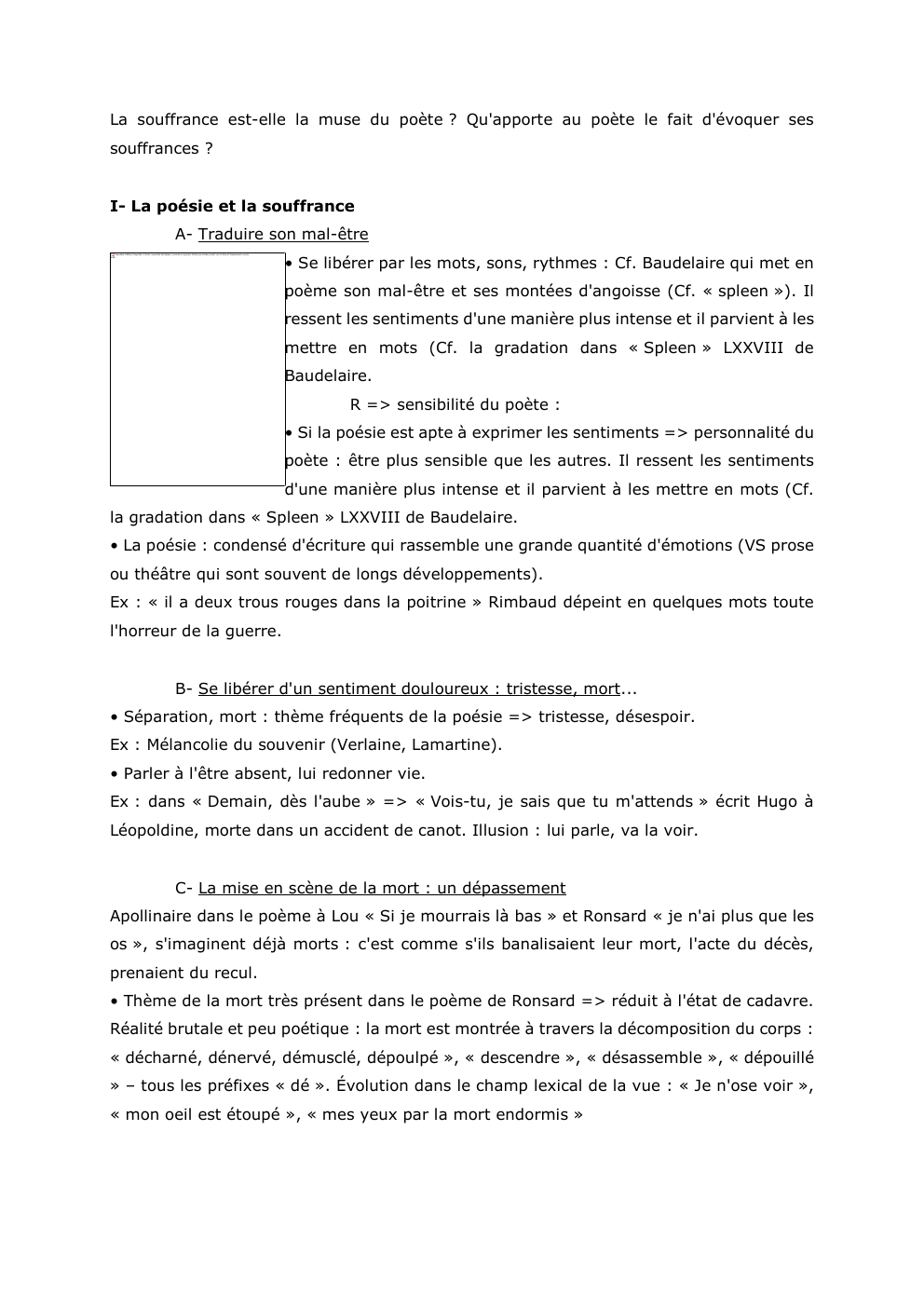 Prévisualisation du document La souffrance est-elle la muse du poète ? Qu'apporte au poète le fait d'évoquer ses
souffrances ?

I- La poésie...