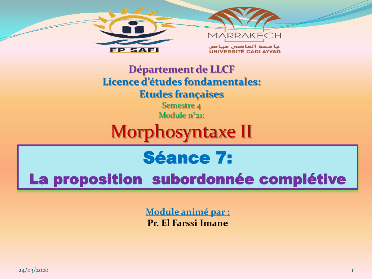 Prévisualisation du document la subordonnée complétive  pure   Morphosyntaxe II Séance 7: La proposition subordonnée complétive