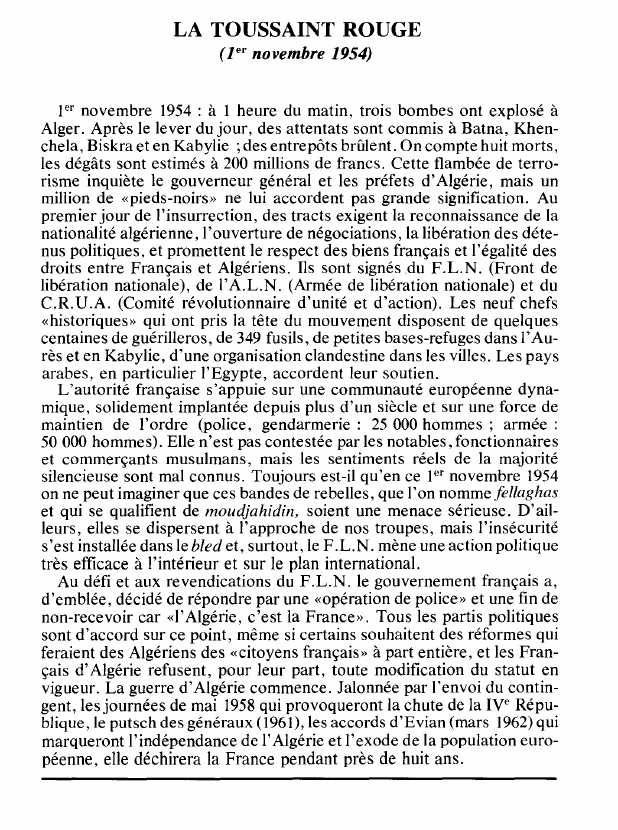 Prévisualisation du document LA TOUSSAINT ROUGE(ier novembre 1954) (histoire).