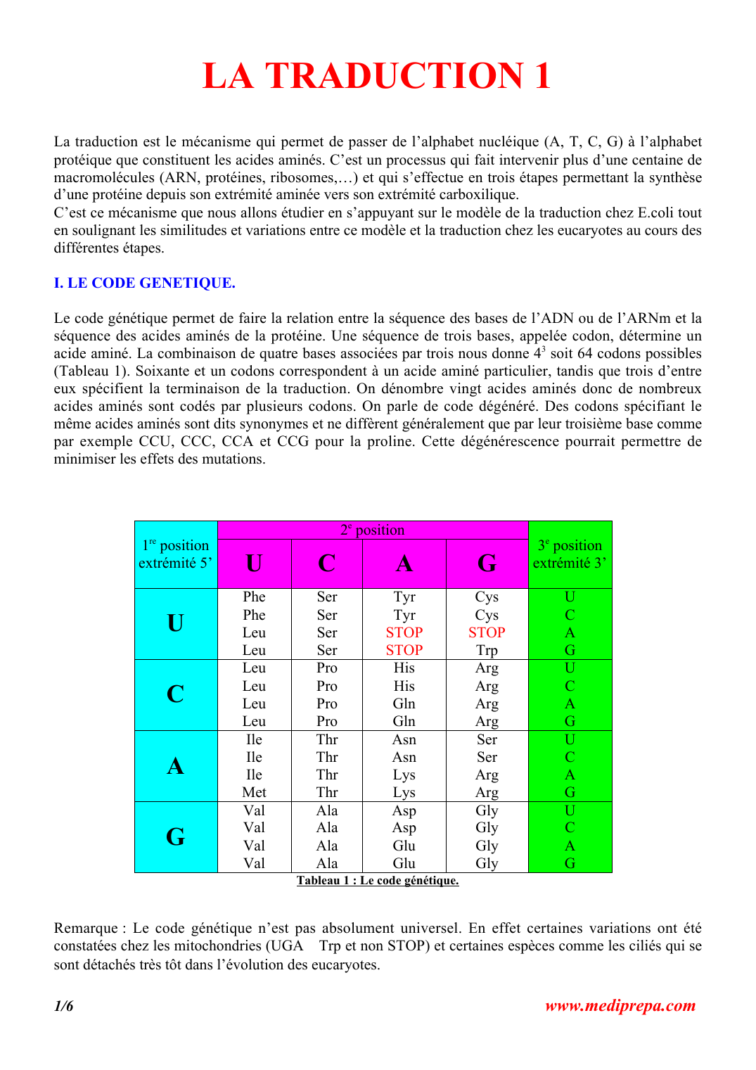 Prévisualisation du document LA TRADUCTION 1La traduction est le mécanisme qui permet de passer de l'alphabet nucléique (A, T, C, G) à l'alphabetprotéique que constituent les acides aminés.