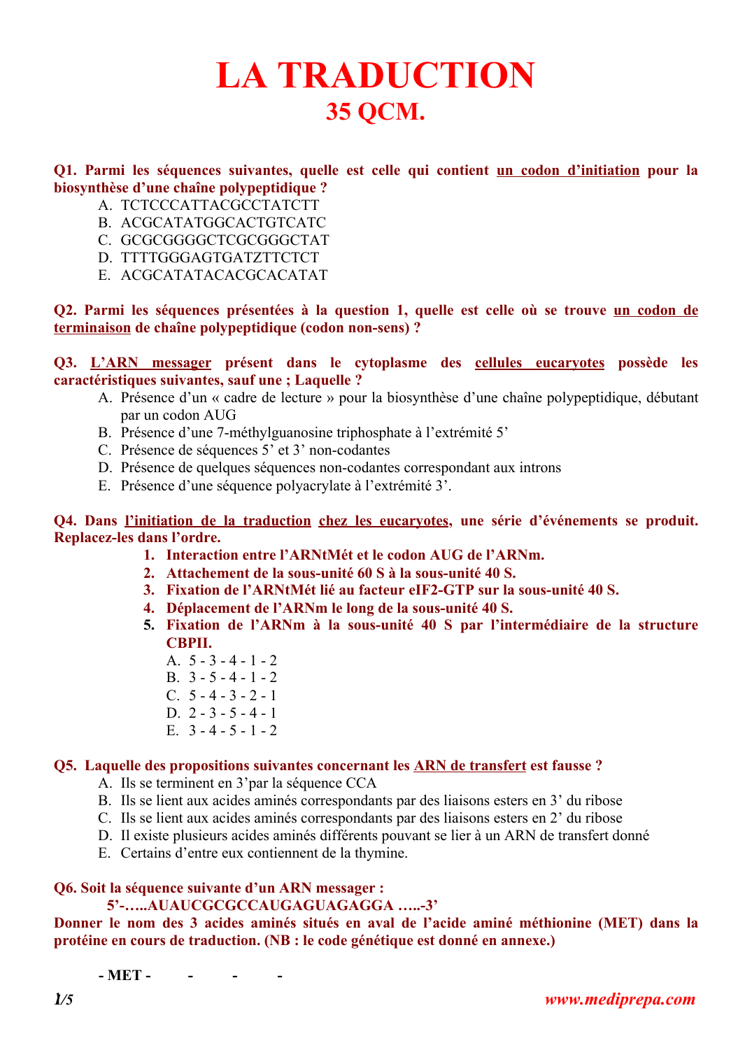 Prévisualisation du document LA TRADUCTION35 QCM.