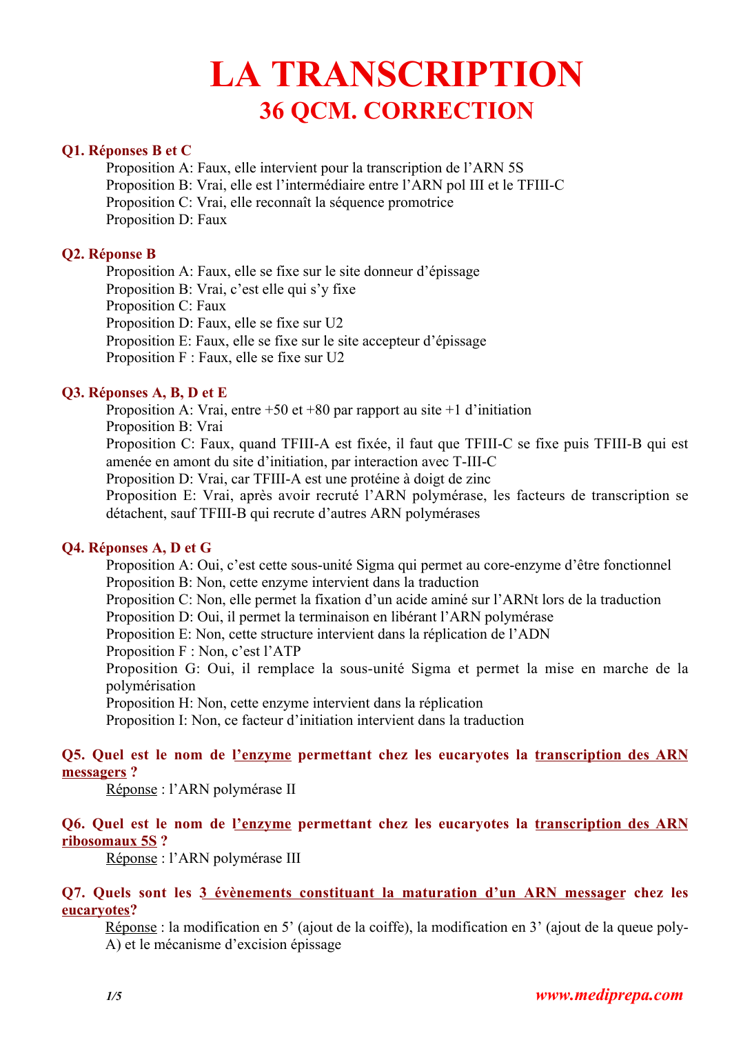 Prévisualisation du document LA TRANSCRIPTION36 QCM.