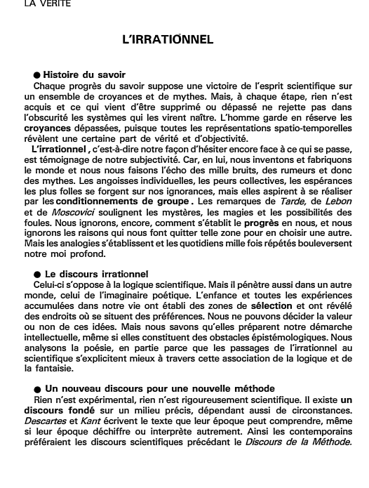 Prévisualisation du document LA VÉRITÉ

L'IRRATIONNEL
• Histoire du savoir
Chaque progrès du savoir suppose une victoire de l'esprit scientifique sur
un ensemble...