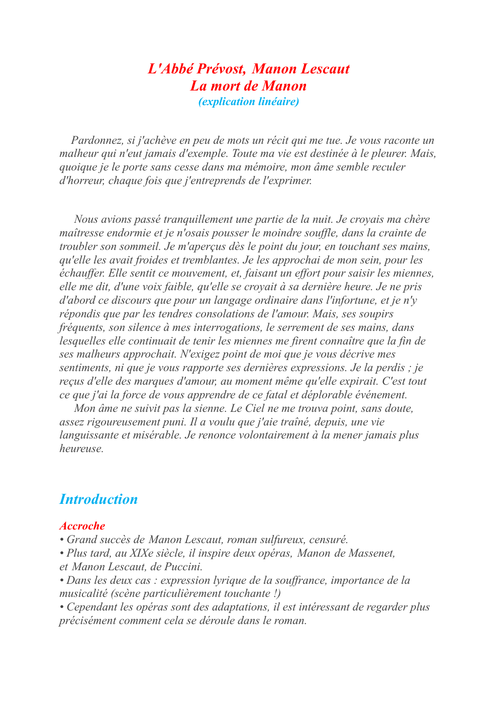 Prévisualisation du document L'Abbé Prévost, Manon Lescaut La mort de Manon (explication linéaire)