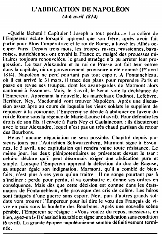 Prévisualisation du document L'ABDICATION DE NAPOLÉON(4-6 avril 1814) - HISTOIRE.