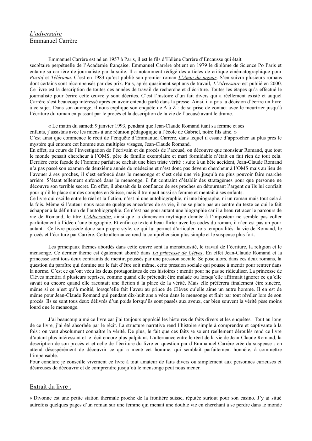 Prévisualisation du document L'Adversaire - Emmanuel Carrère - présentation bac