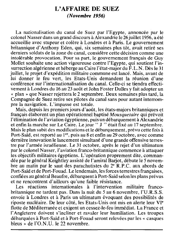Prévisualisation du document L'AFFAIRE DE SUEZ(Novembre 1956) (histoire).
