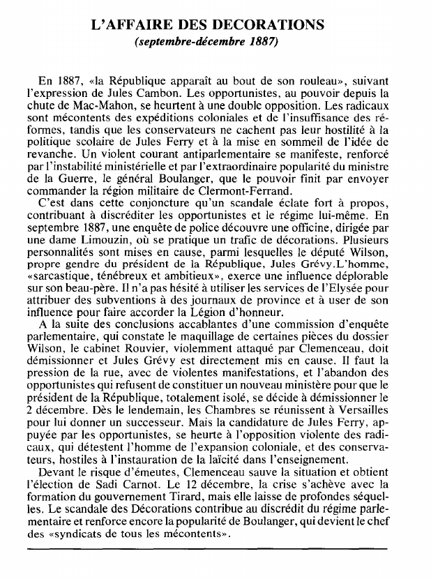 Prévisualisation du document L'AFFAIRE DES DECORATIONS(septembre-décembre 1887) (histoire).