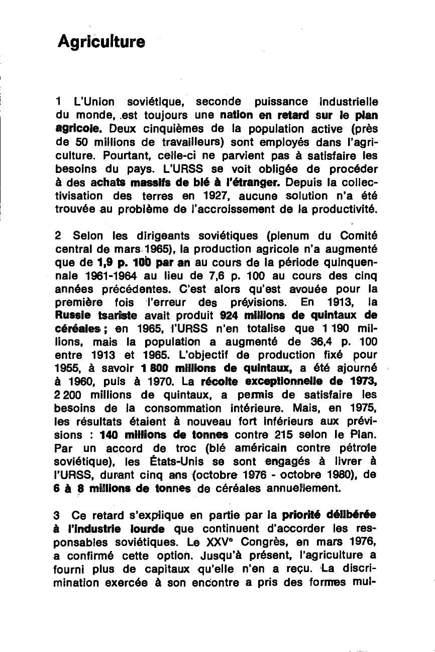 Prévisualisation du document L'agriculture de l'URSS (conditions, productions, problèmes)