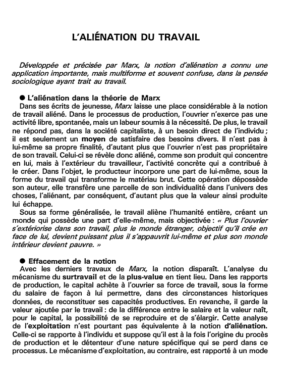 Prévisualisation du document L'ALIÉNATION DU TRAVAIL (fiche bac)