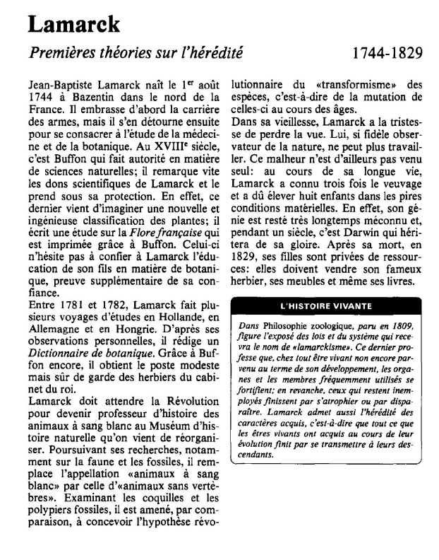 Prévisualisation du document Lamarck:Premières théories sur l'hérédité.