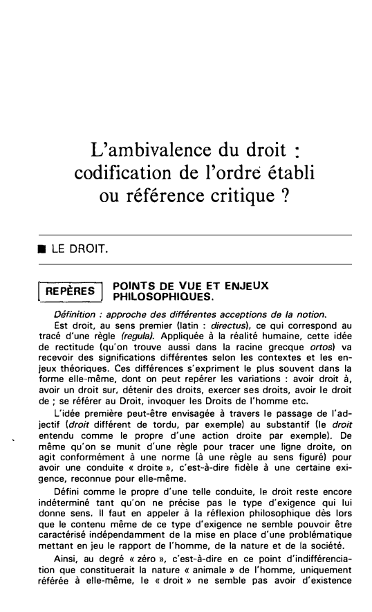 Prévisualisation du document L'ambivalence du droit : codification de l'ordre établi ou référence critique ?