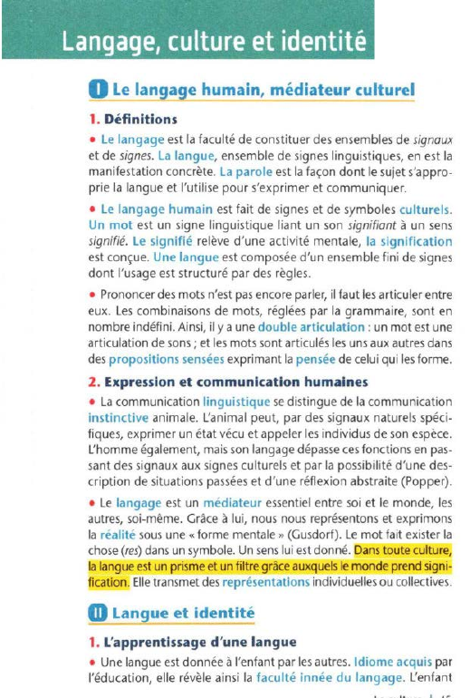 Prévisualisation du document Langage, culture et identité
0

Le langage hu~ ain, médiateur culturel

1. Définitions
• Le langage est la faculté de...