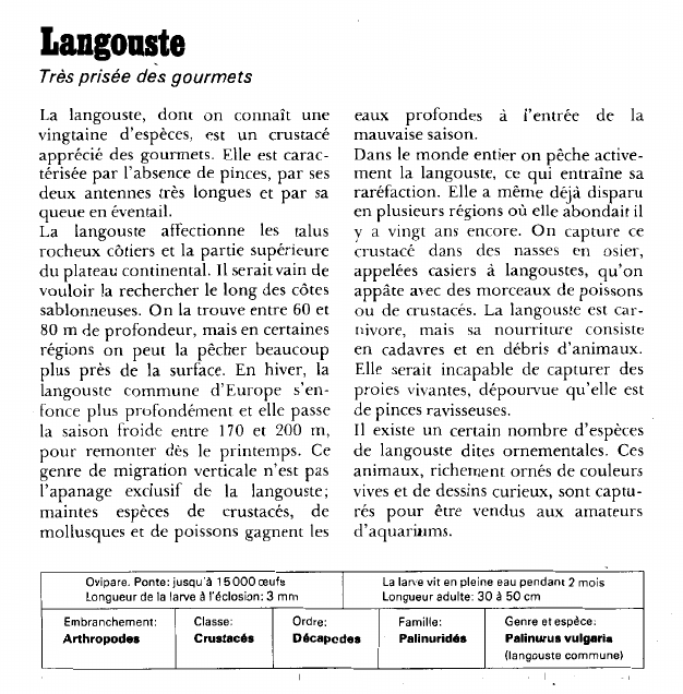 Prévisualisation du document Langouste:Très prisée des gourmets.