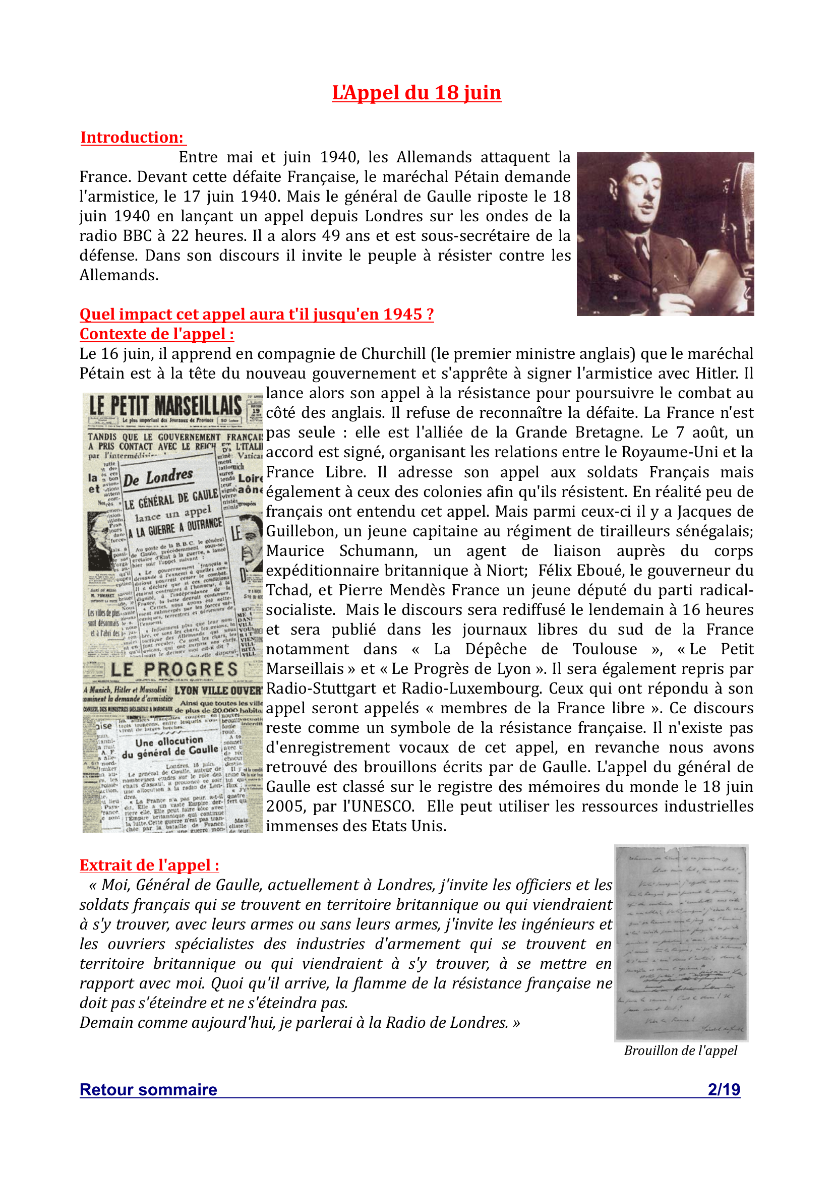 Prévisualisation du document L'appel du 18 juin du général de Gaulle et  ses conséquences jusqu'en 1945 (Histoire)