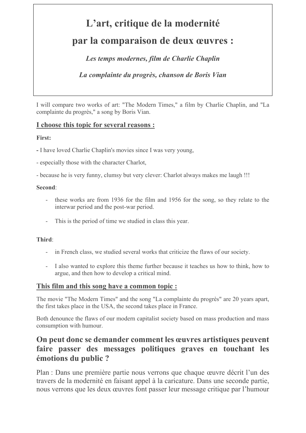 Prévisualisation du document L’art, critique de la modernité	 par la comparaison de deux œuvres : Les temps modernes, film de Charlie Chaplin La complainte du progrès, chanson de Boris Vian