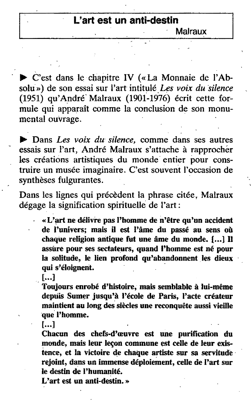 Prévisualisation du document « L'art est un anti-destin. » André Malraux (1901-1976), Les Voix du silence