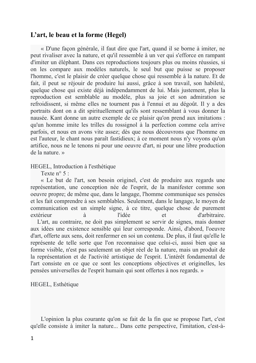 Prévisualisation du document l'art et le beau Hegel Esthétique