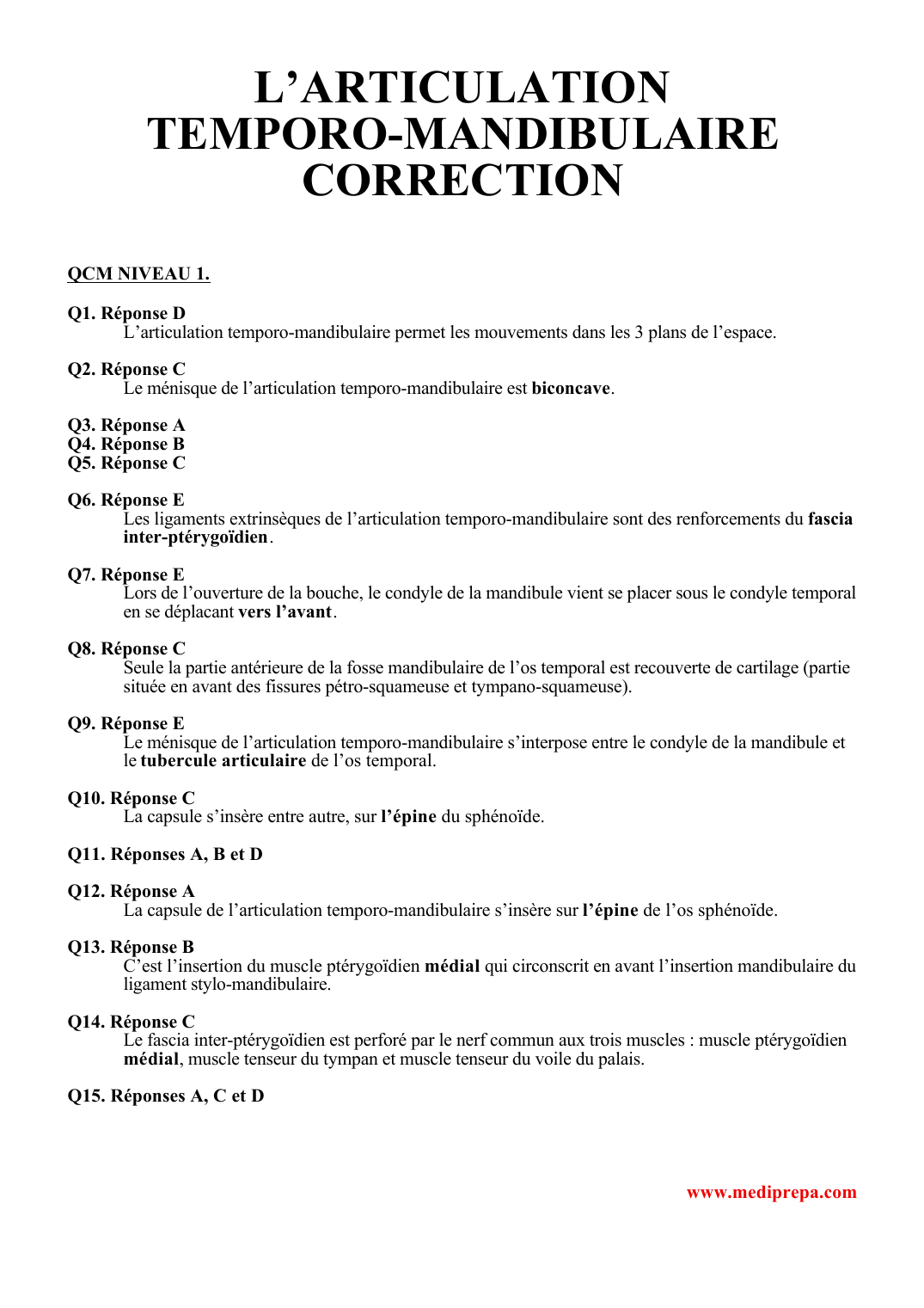 Prévisualisation du document L'ARTICULATIONTEMPORO-MANDIBULAIRECORRECTIONQCM NIVEAU 1.