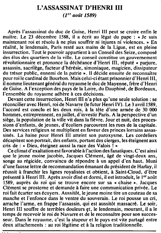 Prévisualisation du document L'ASSASSINAT D'HENRI III(1er août 1589) - HISTOIRE.