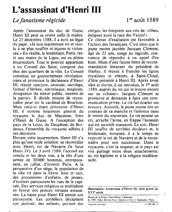 Prévisualisation du document L'assassinat d'Henri IIILe fanatisme régicide.