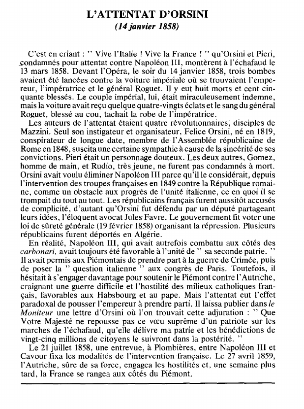 Prévisualisation du document L'ATTENTAT D'ORSINI(14 janvier 1858) (histoire).