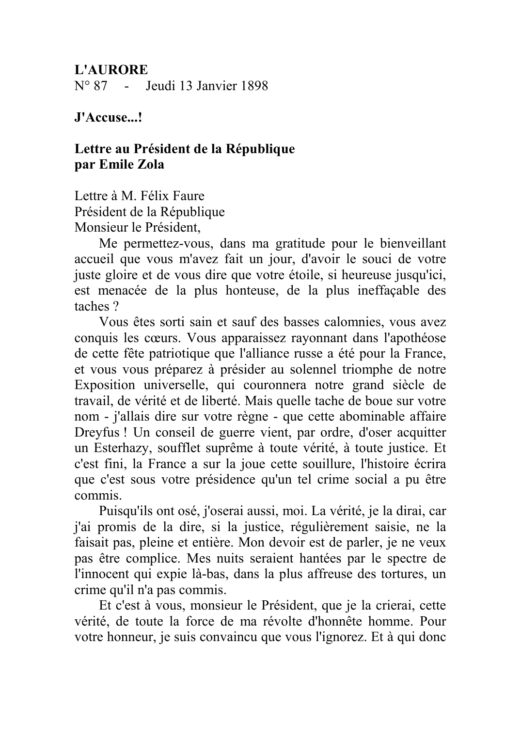 Prévisualisation du document L'AUROREN° 87   -   Jeudi 13 Janvier 1898J'Accuse.