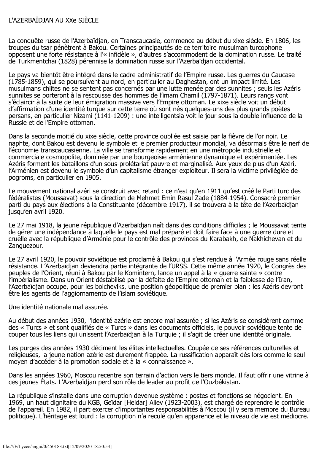 Prévisualisation du document L'AZERBAÏDJAN AU XXe SIÈCLE