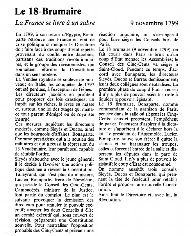 Prévisualisation du document Le 18-BrumaireLa France se livre à un sabreEn 1799, à