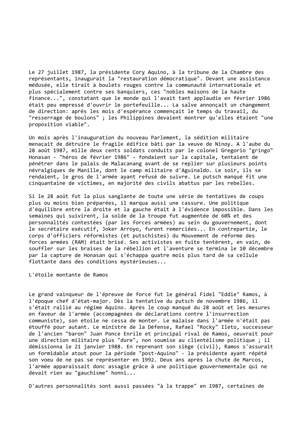 Prévisualisation du document Le 27 juillet 1987, la présidente Cory Aquino, à la tribune de la Chambre des
représentants, inaugurait la "restauration démocratique"....