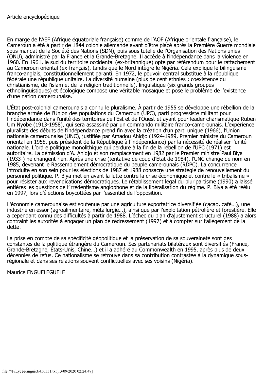 Prévisualisation du document LE CAMEROUN AU XXe SIÈCLE
