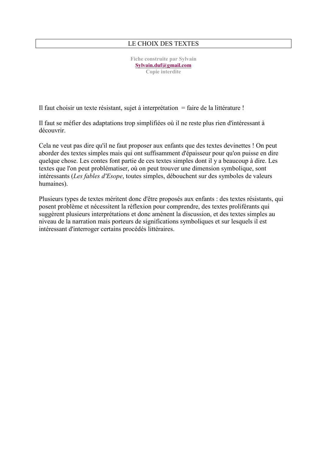 Prévisualisation du document LE CHOIX DES TEXTESFiche construite par SylvainSylvain.