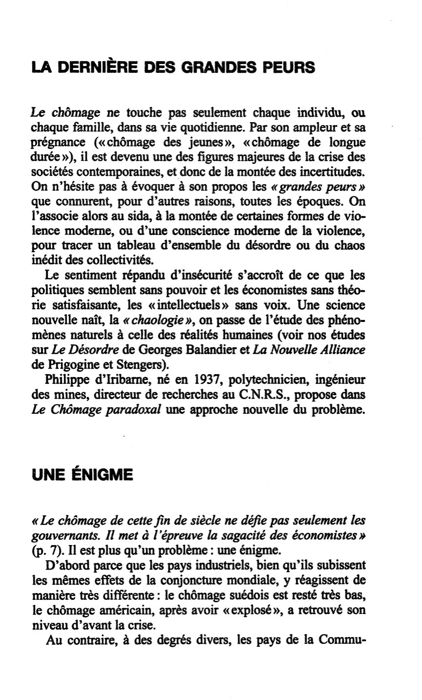 Prévisualisation du document Le Chômage paradoxal de Philippe D'IRIBARNE (Fiche de lecture)