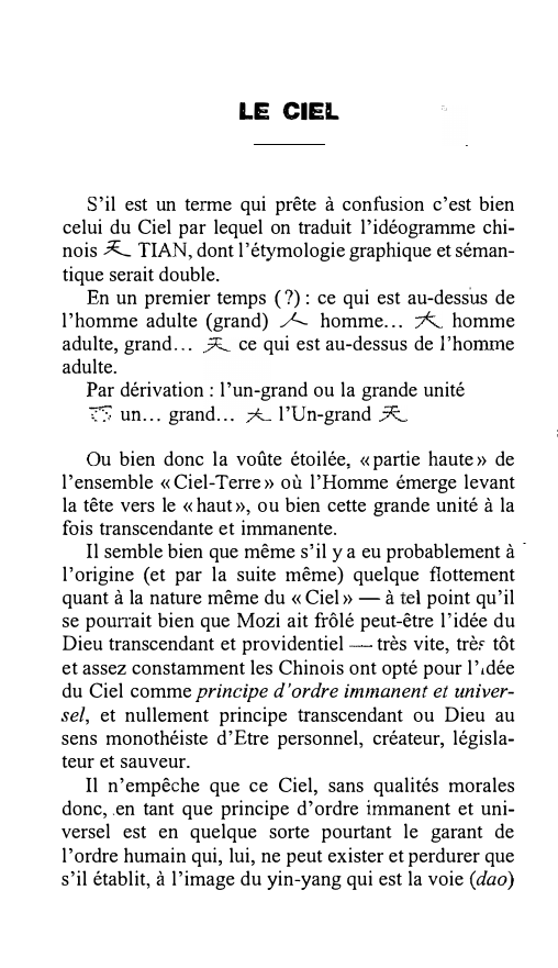 Prévisualisation du document LE CIEL
S'il est un terme qui prête à confusion c'est bien
celui du Ciel par lequel on traduit l'idéogramme...