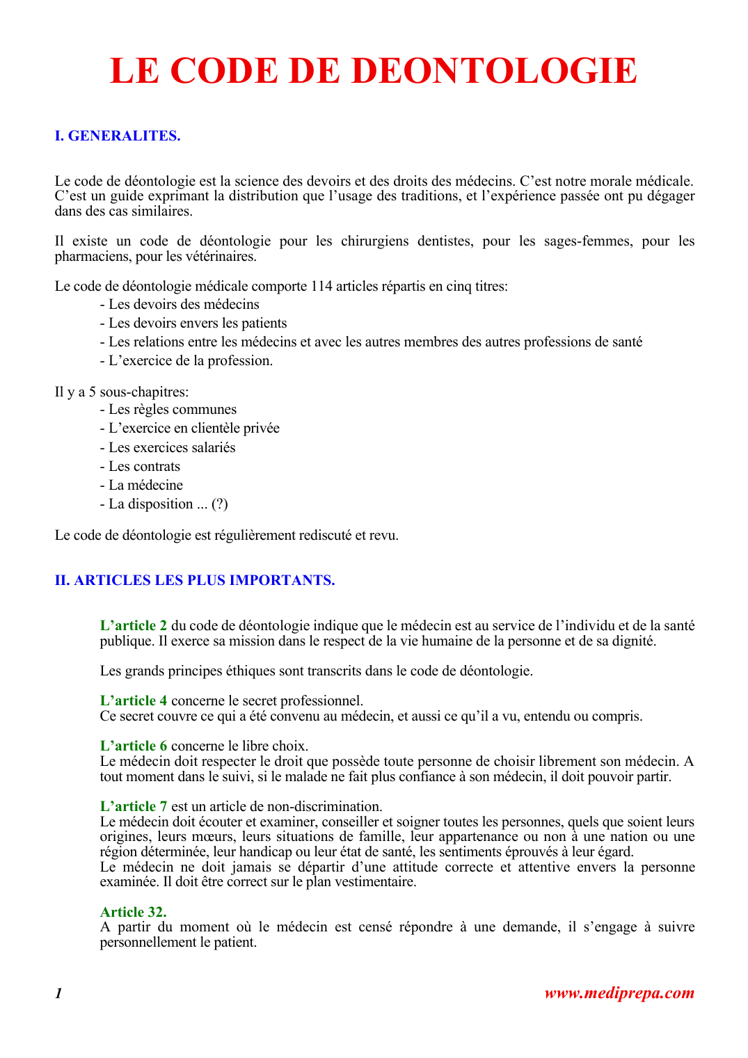 Prévisualisation du document LE CODE DE DEONTOLOGIEI.