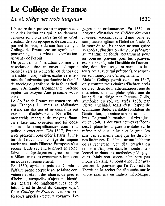 Prévisualisation du document Le Collège de FranceLe «Collège des trois langues».