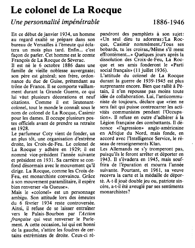 Prévisualisation du document Le colonel de La RocqueUne personnalité impénétrable.